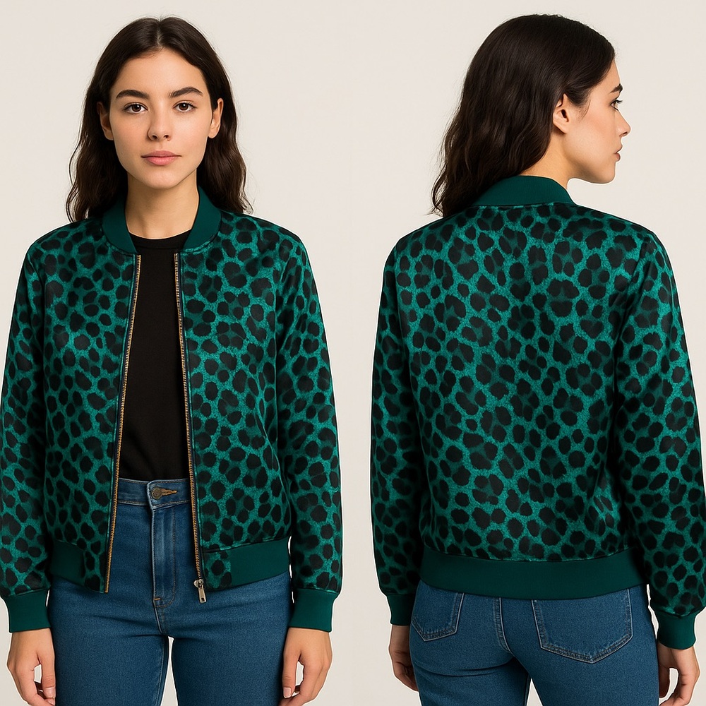IMAN Green Animal Print Bomber Jacket Sz. L